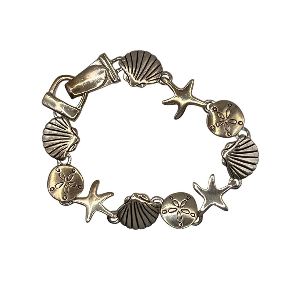 Vintage Nautical Bracelet - Silver Plated Seashells - Starfish - Sand Dollars